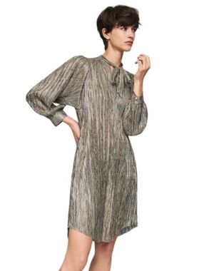Sabina Musayev Eugena Gold Metallic Tie Neck Tunic Dress Pockets XS Petite